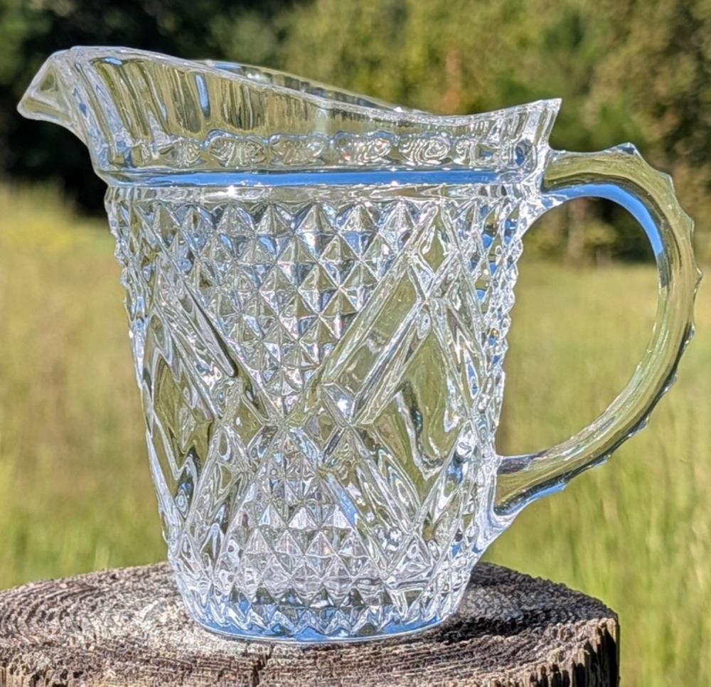 FTD 1985 Diamond Pattern Crystal Clear Glass Pitcher Vintage USA 5.5"